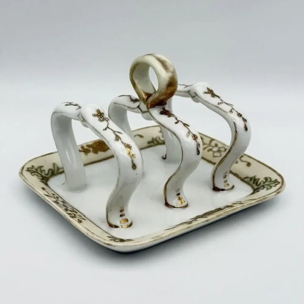 Antique Nippon Hand Painted Toast Rack Holder White Gold Flower Bead Trim 5 in